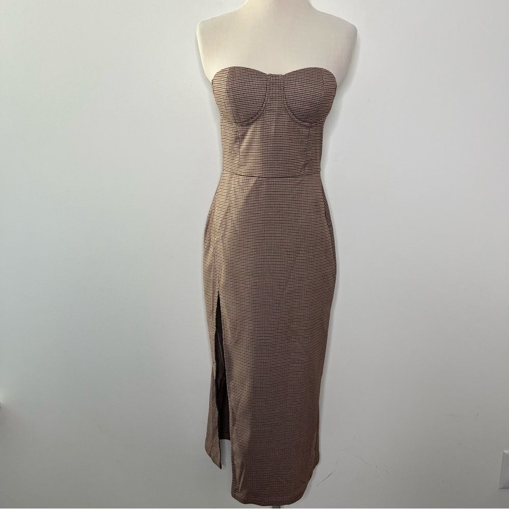 H:ours Houndstooth Plaid Strapless Dress S